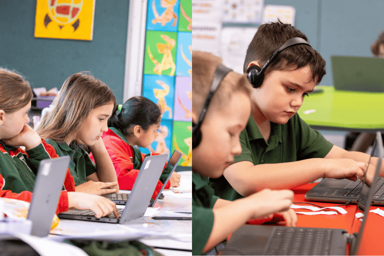 Students using some class laptops.